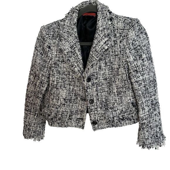 Alice+Olivia Gilian Crop Tweed Jacket W/Frayed Accents Pockets Textured Lined S - Picture 1 of 9